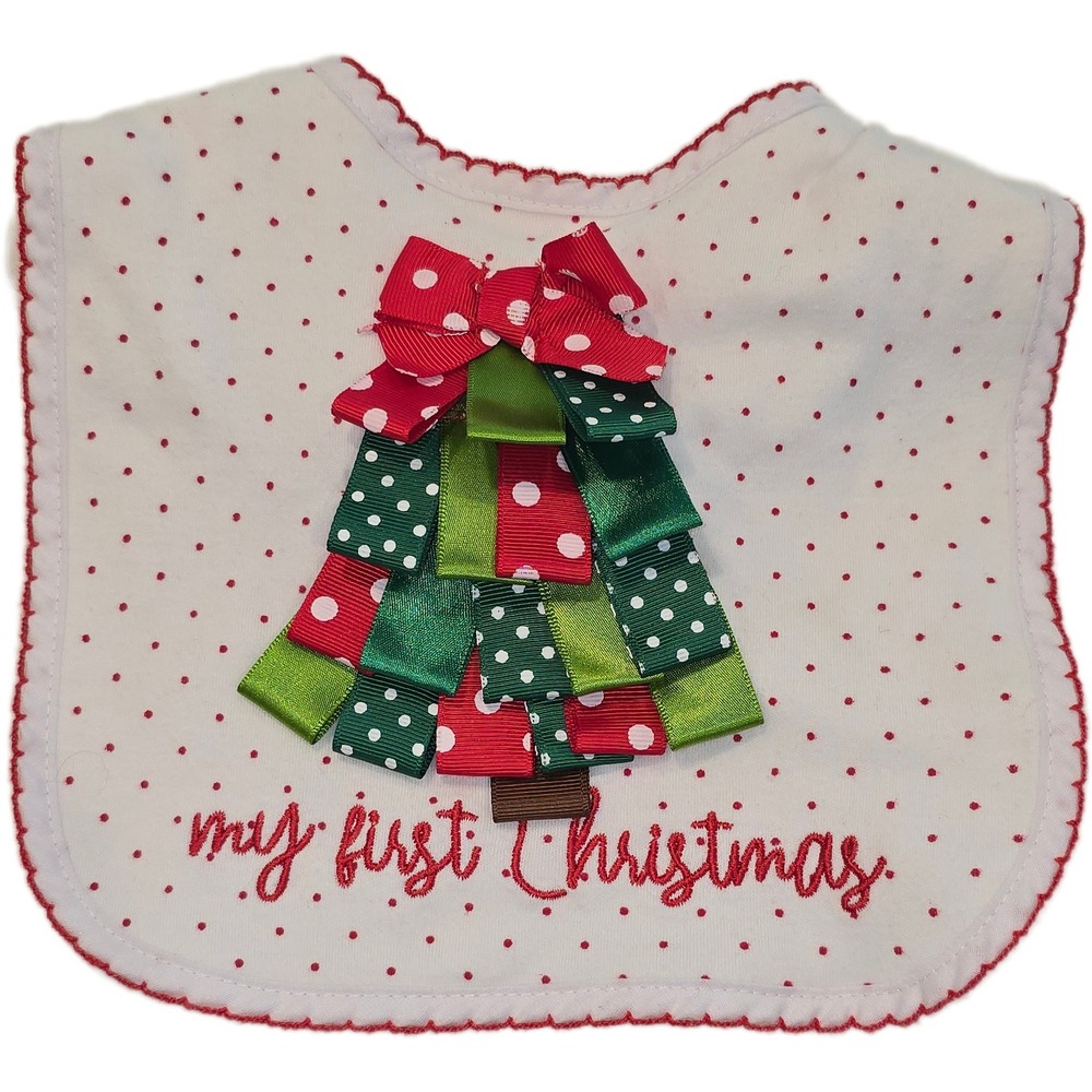 Crown & Ivy Baby My First Christmas Ribbon Tree Bib White Red Green Polka Dot